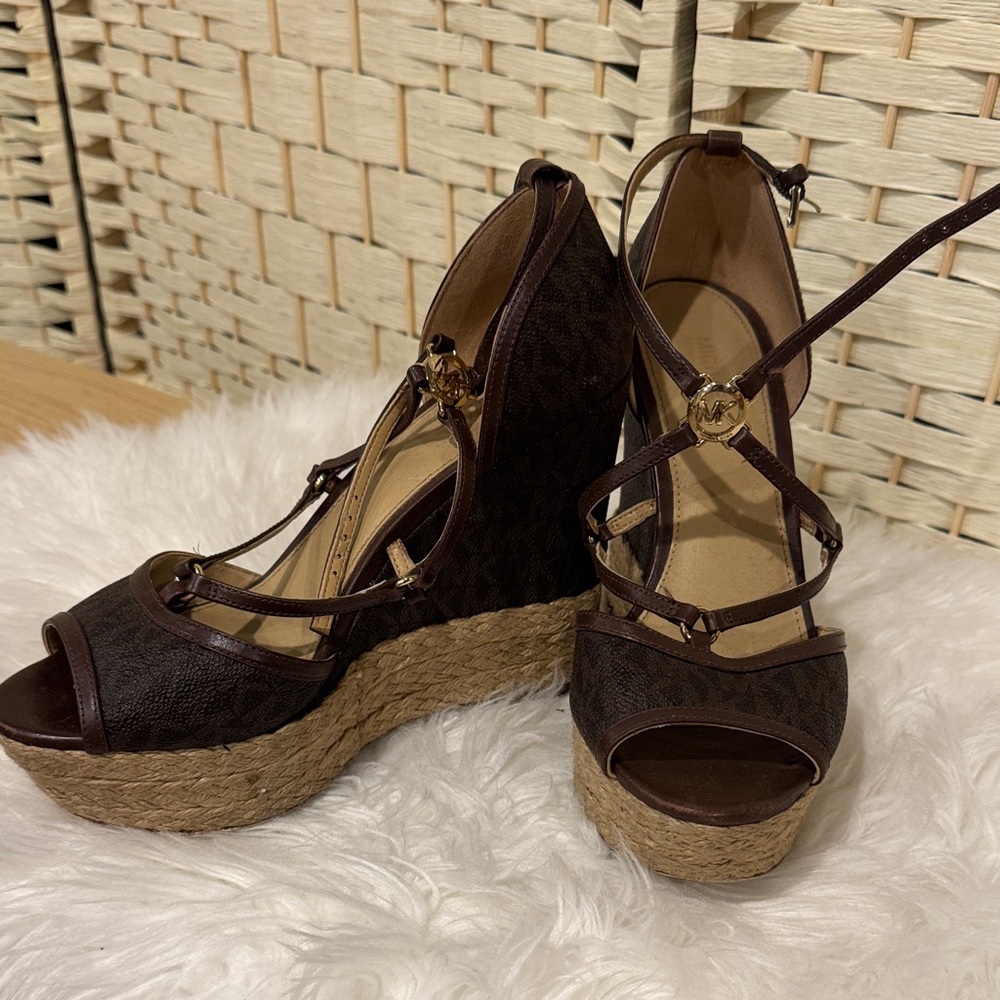 Michael Kors signature logo Dark Brown Wedge Sandals with gold MK detail